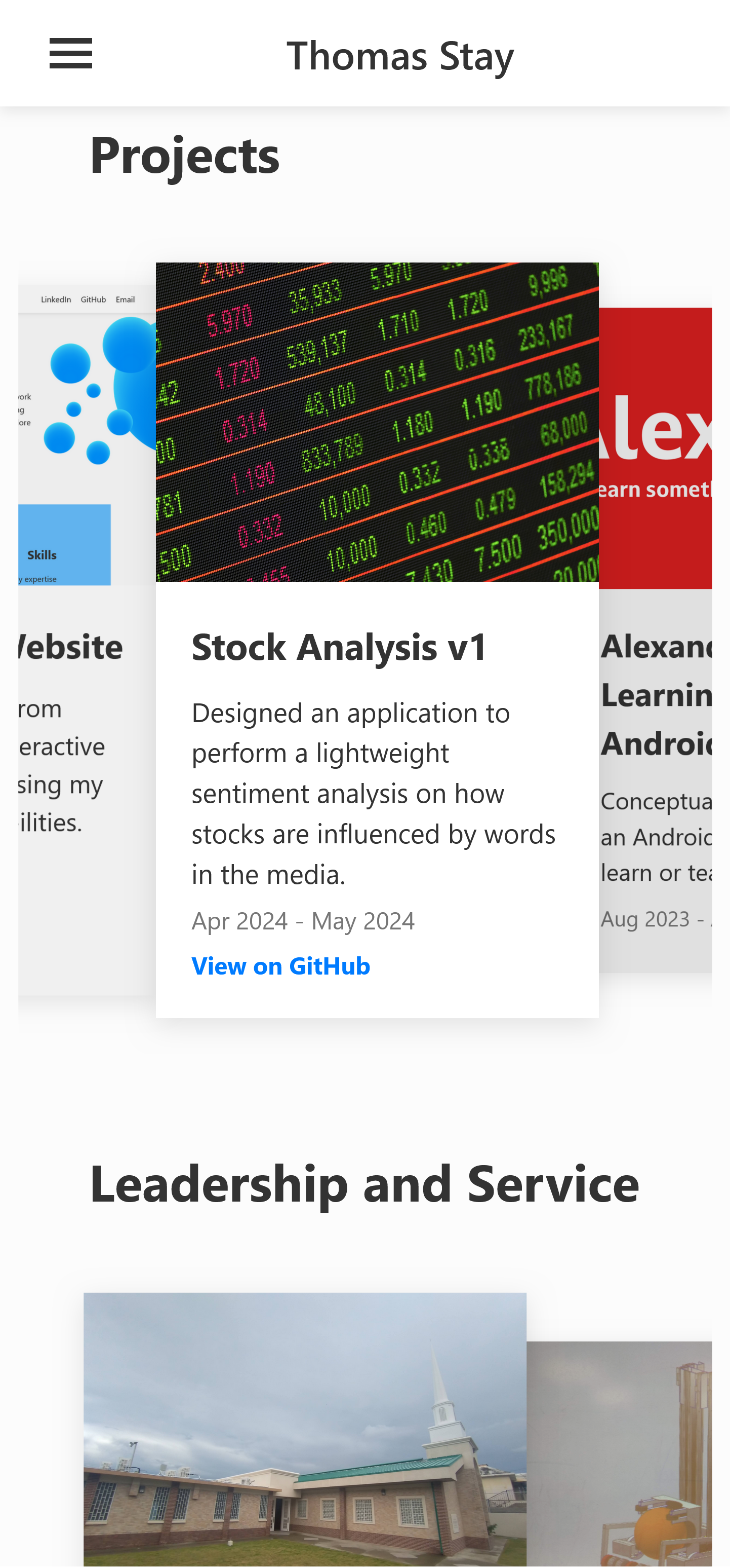Mobile view of the cards on the homepage of this website