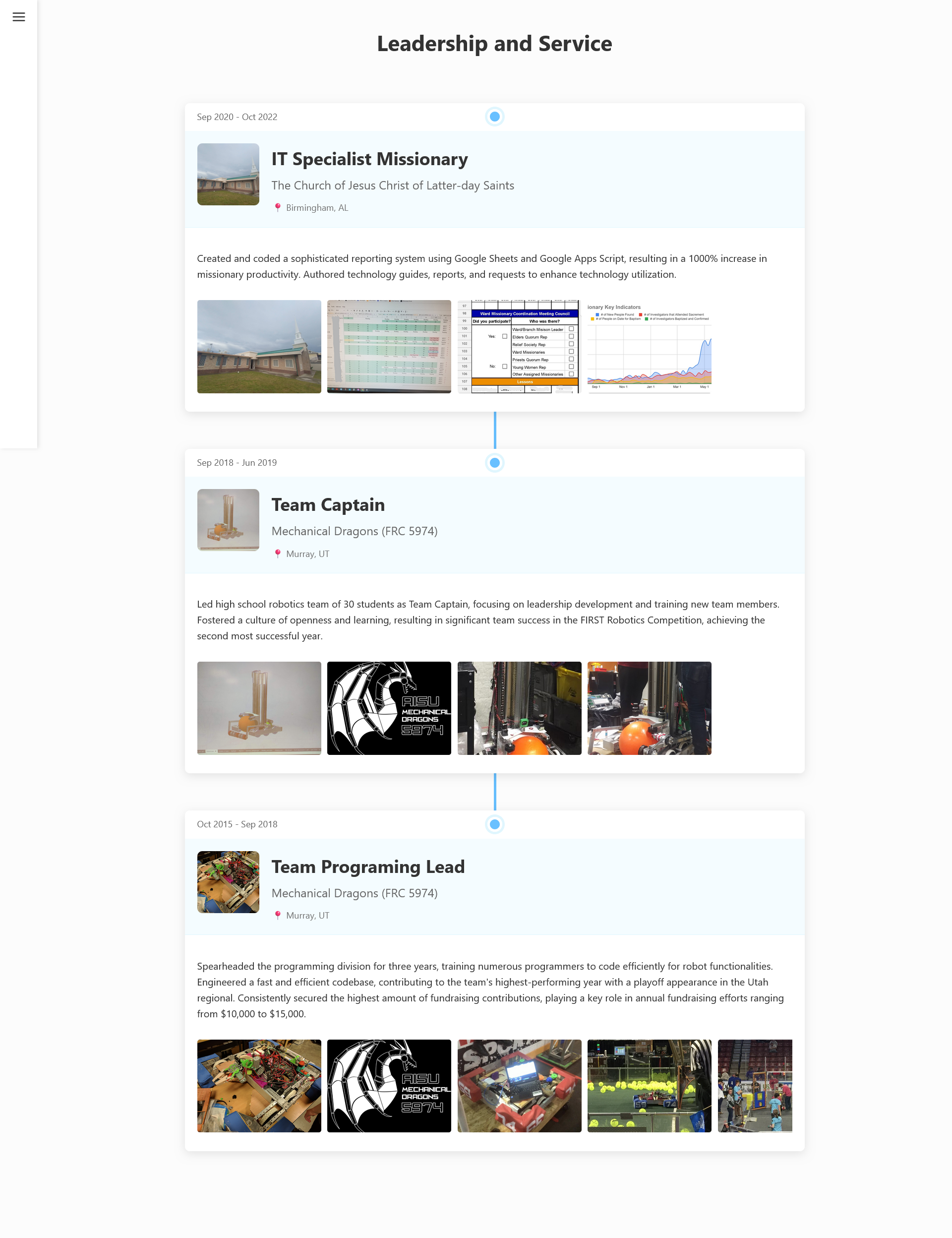 Desktop view of the leadership and service page of this website