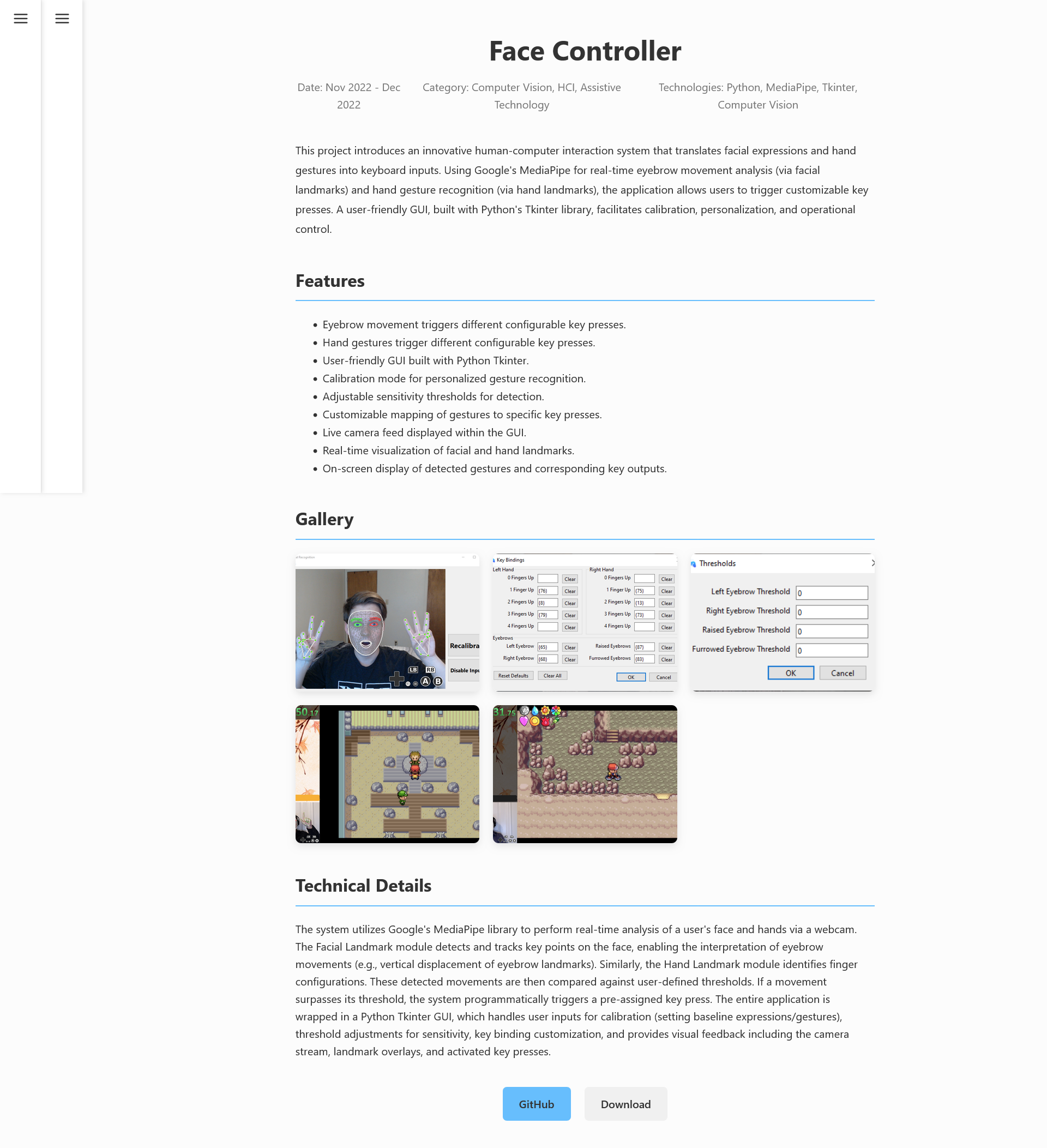 Desktop view of the face controller page of this website