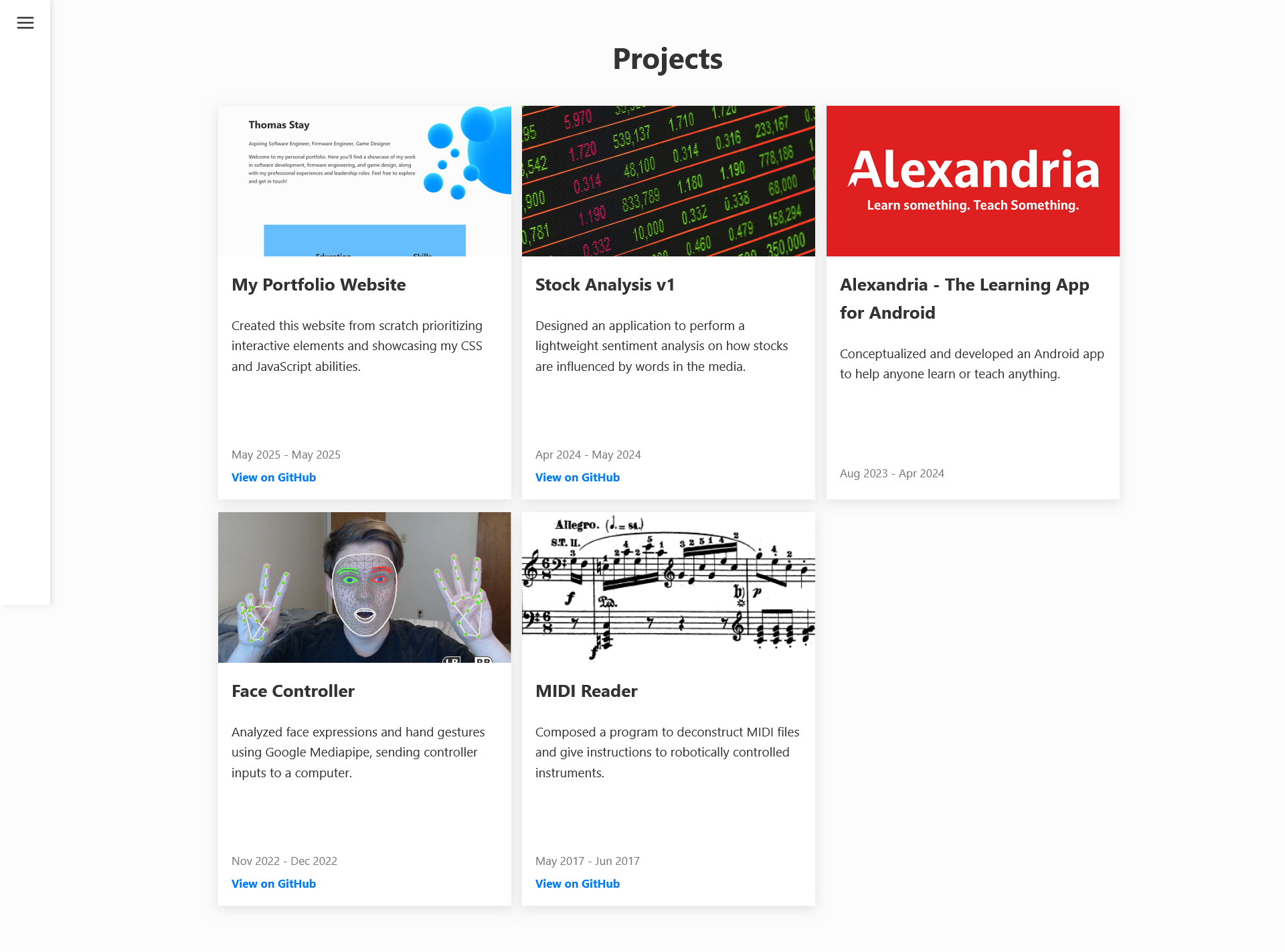 Desktop view of the projects page of this website