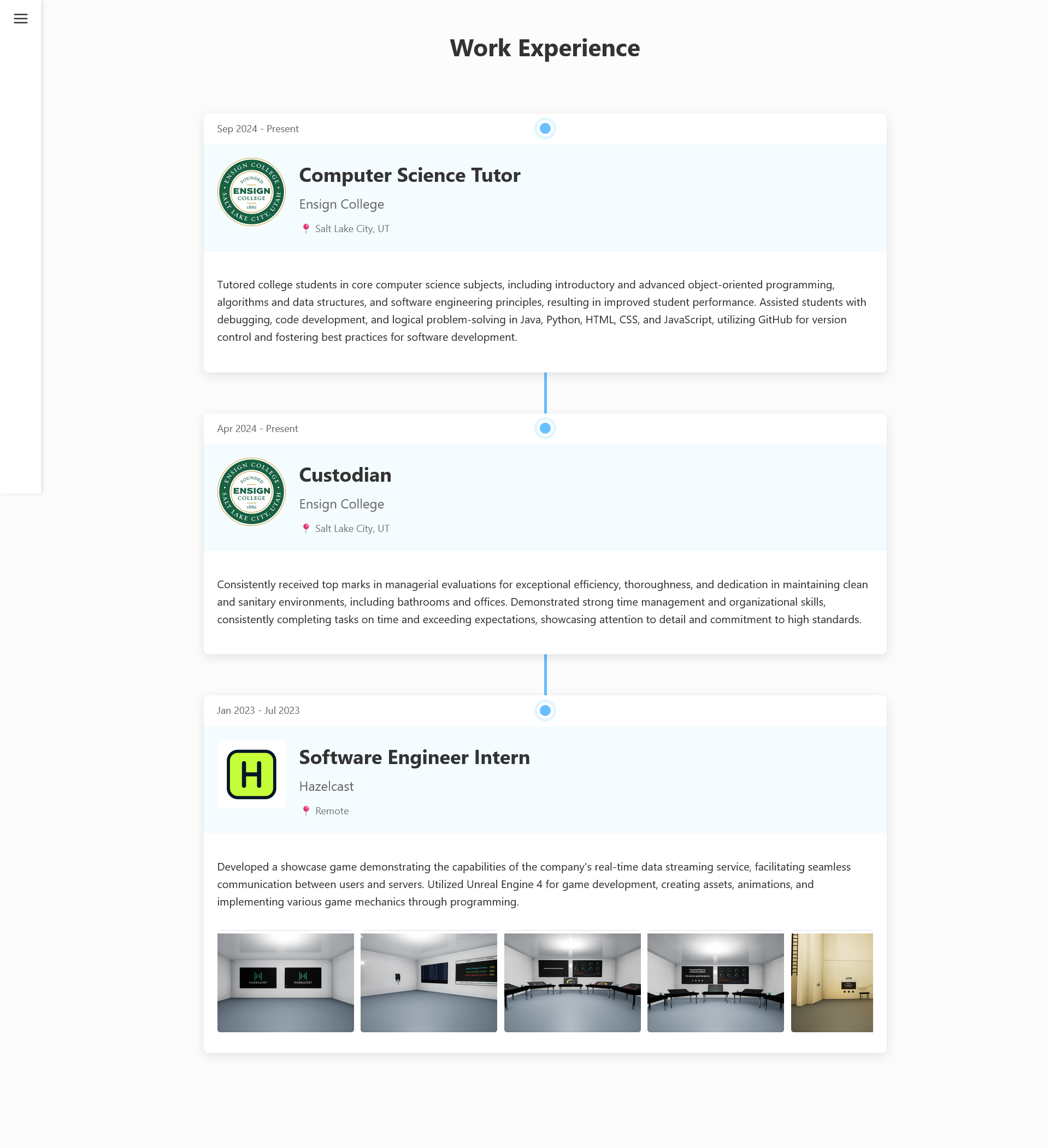 Desktop view of the work experience page of this website
